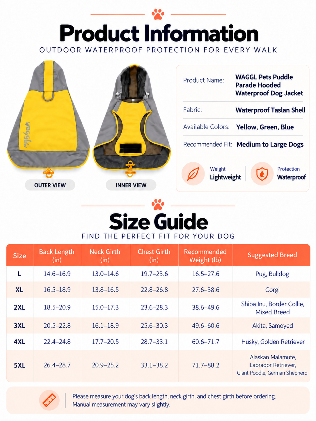 Veste imperméable à capuche pour chien Puddle Parade de WAGGL Pets